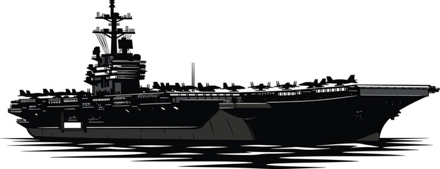 Detailed black and gray silhouette of a modern naval aircraft carrier with fighter jets on deck isolated on white background. © Md Baccu