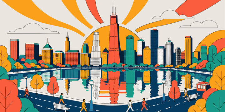 Chicago City Skyline at Sunset with Radiant Rays and Reflective Water &ndash; Minimalist Flat Vector Panoramic Illustration | USA Urban Landscape Art