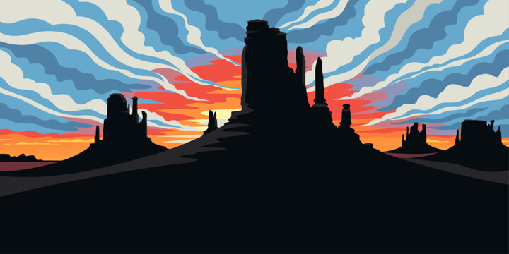 Desert Night Silhouette Under Starry Sky &ndash; Minimalist Flat Vector Panoramic Illustration | USA Western Landscape Art