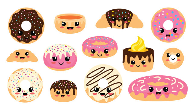 Collection of adorable kawai style donuts and pastries with cute smiling faces in various bright colors and delicious looking toppings.