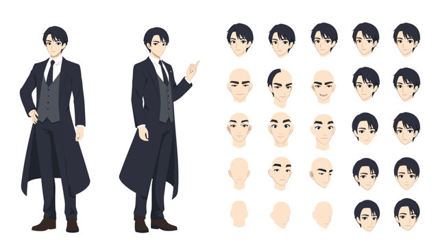 Comprehensive character design sheet of a man in a dark suit showing full-body views and various facial expressions and head angles.