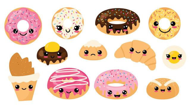 Assortment of adorable kawai style pastry and breakfast items with smiling faces including colorful donuts, croissants, and bread rolls.