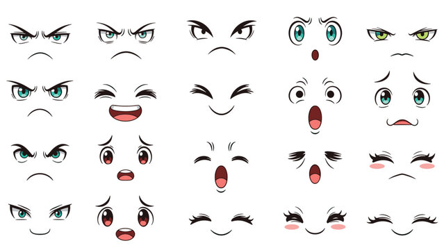 Collection of anime and manga style eyes featuring diverse facial expressions like anger, surprise, happiness, and sadness for character design.