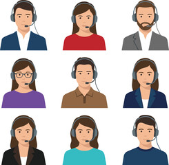 Customer Support Avatar Icons Collection with Male and Female Call Center Agents Wearing Headsets for Helpdesk Service Vector Illustration
