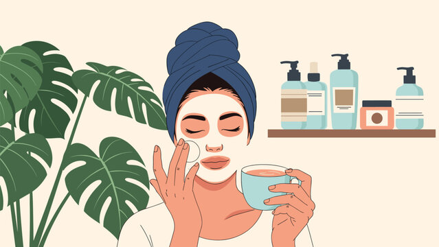 Woman with a face mask and towel on her head holding a cup of tea, surrounded by skincare products and a lush monstera houseplant.