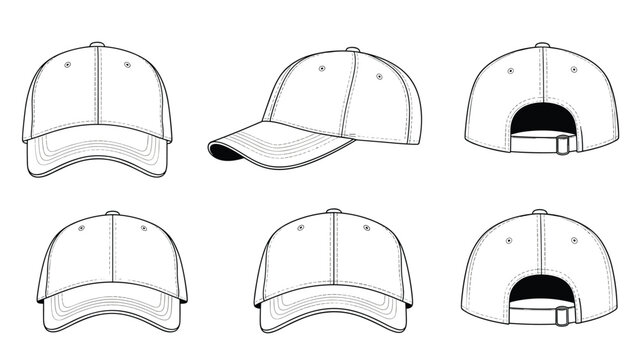 Set of blank white baseball cap templates from multiple angles, including front, side, and back views for headwear design mockups.