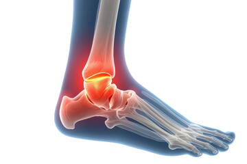 Ankle bones and foot skeleton within a translucent leg, highlighting a painful red area in the joint