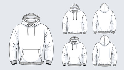 Comprehensive set of blank white hoodie templates includes front and back views to help designers showcase custom apparel branding.