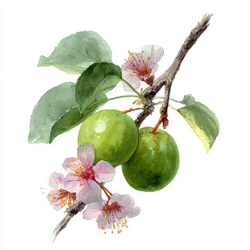Hand painted watercolor Japanese ume plum branch with green fruit and blossom, botanical illustration isolated on white background