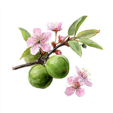 Hand painted watercolor Japanese ume plum branch with green fruit and blossom, botanical illustration isolated on white background