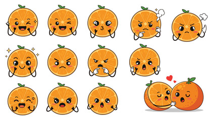 Fototapeta premium Fun collection of orange fruit characters features various facial expressions, from happy and winking to angry and very confused.