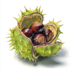 Hand painted watercolor Japanese chestnut in spiky burr shell, kuri fruit botanical illustration isolated on white background