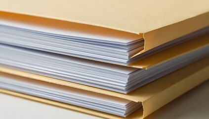 Naklejka premium Stack of file folders filled with pages of documents sit on a surface
