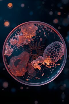 Microscopic view of synthetic biological circuit in petri dish