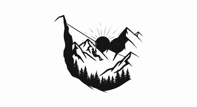 Silhouette of a person zip-lining down a mountain as the sun rises