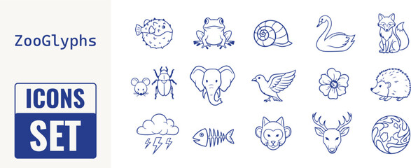 Obraz premium Zoo animal icons set including fish bird frog and deer head silhouettes ZooGlyphs