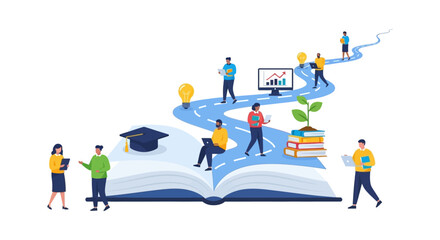 Education Success Path and Career Development Road Map. People Learning, Growing Knowledge from Open Book.