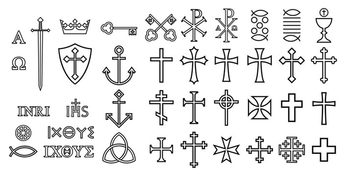 Christian symbol collection. Christianity and crusade sign set. Cross, communion and bread miracle icons. Ichthys and trinity symbols. Vector illustration image.