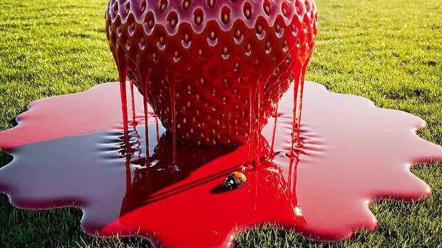 Giant Ripe Strawberry Melting Like Liquid In Surreal Dali Style