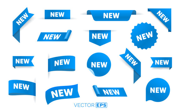 Collection of blue NEW labels and ribbons in various shapes. Perfect for product launches, special offers, or promotional designs.