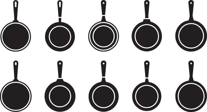 Ten black and white frying pans with handles arranged in two rows cooking