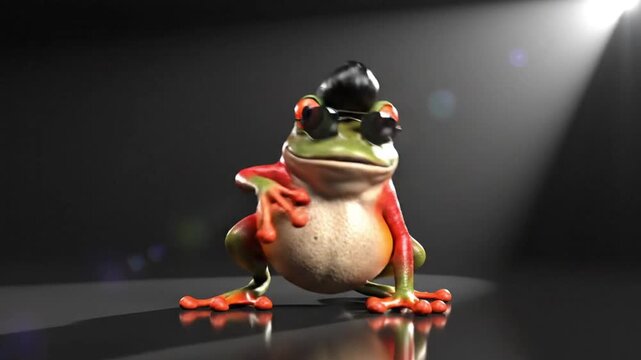 Fun 3D Amphibian Character in Sunglasses and Pompadour Hairstyle Under Spotlight Entertainment Concept