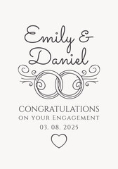 Vector vintage template of a custom label for wine, champagne for a wedding or engagement with wedding rings  the date, and the name of the persons, newlyweds. Certificate, diploma. No ai 