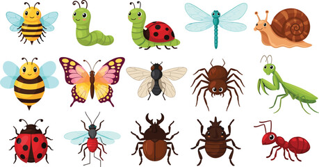 Cartoon Insects and Bugs Set with Bee Butterfly Dragonfly Ladybug Spider Ant Caterpillar Snail and Praying Mantis Vector Illustration © MstBobita