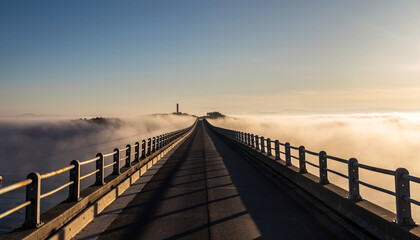 Obraz premium A bridge extending over a foggy landscape towards a distant tower.