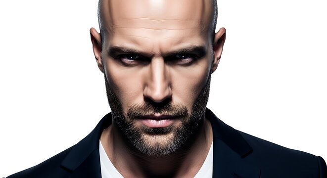 A close-up portrait of a serious-looking bald man with a beard wearing a suit