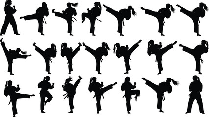 Collection of female martial artist silhouettes performing taekwondo and karate kicking techniques isolated on light background martial arts training, self defense and sport action concept © Shoentesh