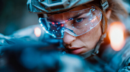 Obraz premium Close-up of special forces soldier aiming rifle with tactical helmet and protective goggles in dramatic blue-orange light