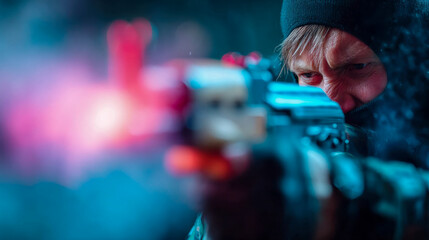 Obraz premium Dramatic silhouette of an armed soldier aiming a rifle in a dark, moody scene representing military security and conflict themes