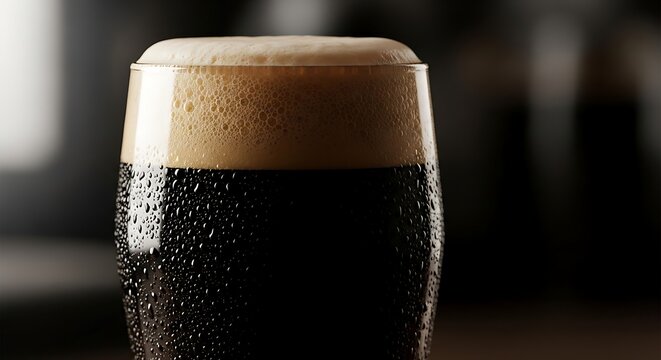 The primary subject is a pint of dark beer, specifically focusing on the intersection of the frothy foam and the deep black liquid.