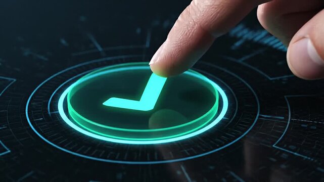 A finger presses a glowing green checkmark button on a futuristic digital interface