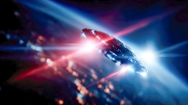 Futuristic UFO flying saucer in deep space with glowing lights and cinematic beams against a bokeh galaxy background