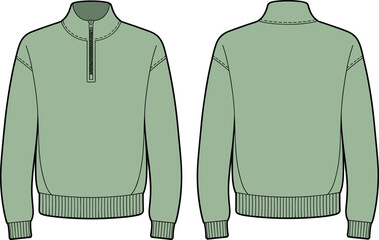 MobileTechnical fashion flat sketch of a sage green quarter zip sweatshirt featuring dropped shoulders ribbed cuffs and hem for apparel design tech pack © JHURUL