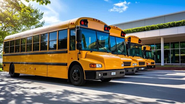 Bright yellow school buses parked in a row on a sunny day, ready for students.