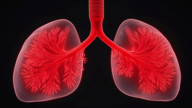 Respiratory system human body lung anatomy with trachea and bronchi expanding and contracting with red blood flow animation on black background