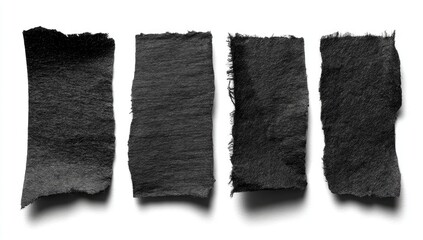 Four torn black paper scraps, textured, with frayed edges, on white