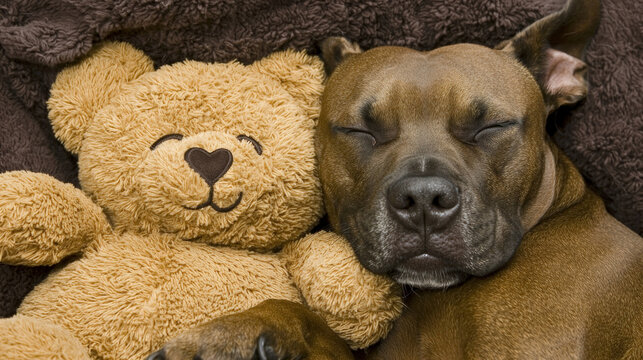 Close-up of a brown dog and fuzzy tan teddy bear sleeping soundly, snuggled on a soft brown textured blanket