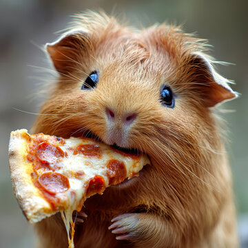 Close-up of a fluffy brown guinea pig happily eating a slice of pepperoni pizza, with stringy melted cheese