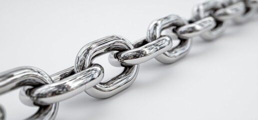 Fototapeta premium Close-up of a metal chain with polished links, resting on a white surface, creating a diagonal line
