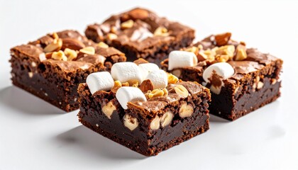 square chocolate brownie cakes topped with mini marshmallows and nuts