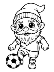 Obraz premium Playful Whimsical Soccer Gnome Cartoon Character in Hat: Kid-friendly Coloring Page Featuring Bearded Athlete in Fun Sports Illustration