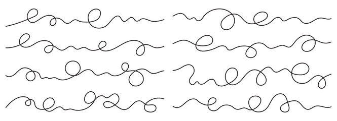 Minimal black wavy squiggle cable line horizontal set. Hand drawn continuous curve, swirl, tangle doodles.  © Darina