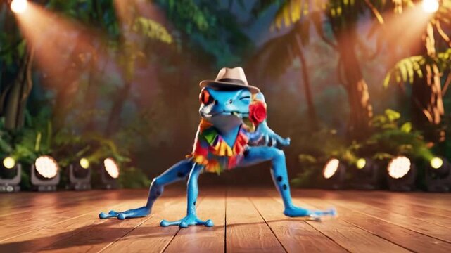 Animated Blue Frog Character Performing Dance on Wooden Stage Under Bright Spotlight Lighting Jungle Setting