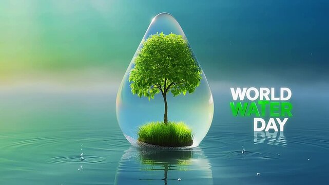 World water day concept clear water drop protecting tiny tree growing on green grass in calm rippling water background motion