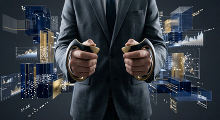 Businessman in suit holding innovative vr controllers for virtual reality experience, surrounded by financial data and analytics