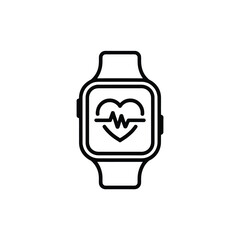 Simple black and white line drawing of a smartwatch displaying a heart rate